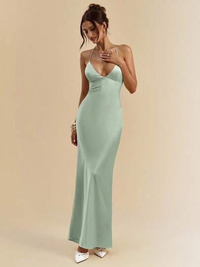 SHEIN BAE Vestido de satén de sirena con escote en V profundo, tirantes finos y espalda descubierta extra largo en color albaricoque y blanco, vestido elegante para vacaciones, dama de honor, fiesta de cumpleaños, graduación, vestido blanco