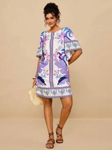 Travachic Plus Size Women Tropical Bohemian Print Loose Fit Round Neck Short Sleeve Casual Dress, Suitable For Autumn,Holiday Outfits For Women - Mauve Purple - View 6