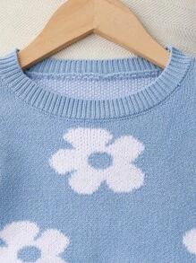 SHEIN Vintaside Kids 少女甜美百搭圆领蓝色毛衣搭配碎花百褶裙，适合居家、外出、派对、返校季等秋冬季穿着。 - 藍色 - 查看 4