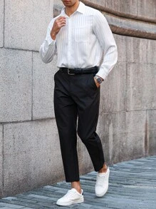Manfinity Bizformal 男士条纹长袖单排扣口袋休闲宽松衬衫男白色条纹衬衫白色条纹衬衫男男士白色细条纹衬衫男条纹衬衫白色细条纹衬衫男白色 - 白色 - 查看 4