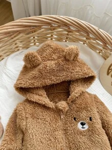 SHEIN Newborn Baby Girl Cute Brown Fuzzy Hooded Casual Jacket, Suitable For Autumn/Winter Baby Bear Jacket Baby Hooded Cardigan Baby Girl Cute Sweater Jacket Toddler Winter Jacket Baby Fuzzy Jacket Fall - Brown - View 4
