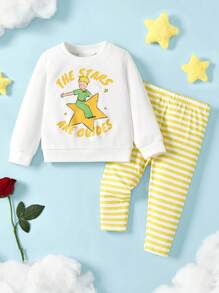 LE PETIT PRINCE X SHEIN Baby Boy Cartoon Star Print White Casual Cute Long Sleeve Crew Neck Sweatshirt And Yellow Striped Playful Pants Set - Multicolor - View 1