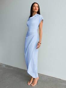 Aloruh Women's Long Wrap Dress With Ruched Collar Design, Suitable For Commute, Daily Wear, Spring/Summer - Blue - View 4
