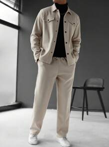 Manfinity Homme Men's Solid Color Long Sleeve Single-Breasted Jacket And Pants Casual Suit Set, Fall Clothes - Apricot - View 3