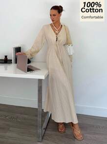 Siren Gaze Váy dài chữ A lưng thun cotton nguyên chất mới dành cho nữ - Màu be - Xem 4