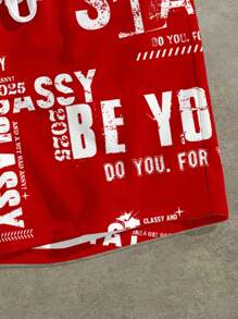 Manfinity ZONE917 标准尺寸男士字母印花宽松短裤，适合夏季 - 紅色 - 查看 4