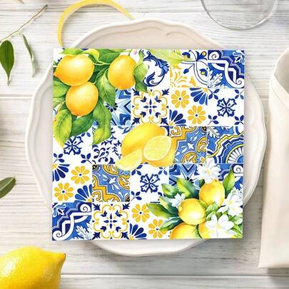 20PCS Blue Tile Lemon Paper Napkins Summer Fruit Disposable Napkins Lemon Print Decorative Napkins Suitable For Party Supplies Table Decorations