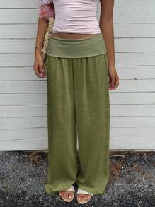 SHEIN EZwear Women's Casual Army Green Low-Rise Wide Leg Pants - Army Green - View 5