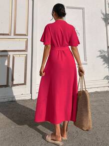 EURMUSE Vestido largo con cuello redondo, mangas con volantes y botones, con cinturón de concha - Rosa Fucsia - Ver 3