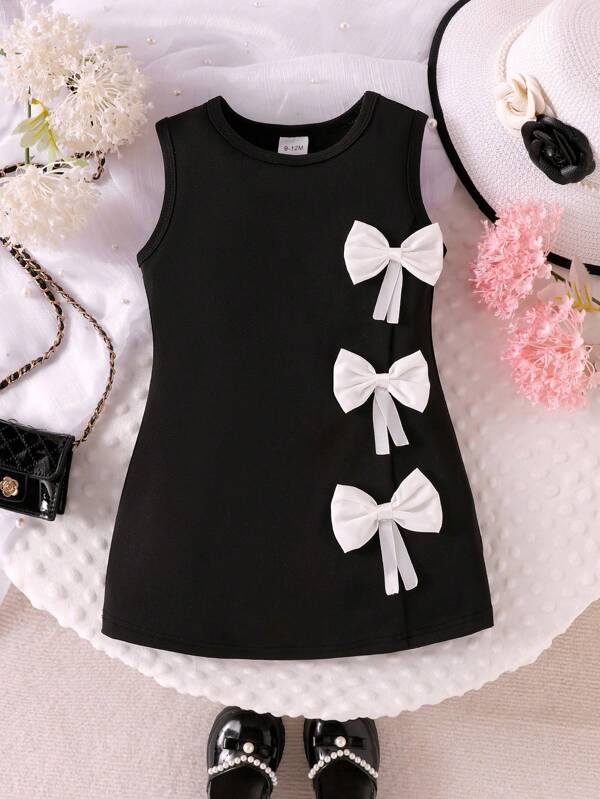Baby Girls' Sleeveless Knit Casual Dress With Bow, Simple Design For Summer Toddler Daily Wear Baby Girl Black Dress With White Bows Black And White Baby Girl Dress Black And White Toddler Dress Baby Girl Sleeveless Dress Toddler Girl Bow Dress