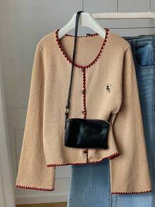 EMERY ROSE Plus Size Women's Contrast Color Knitted Round Neck Embroidered Splice Long Sleeve Casual Cardigan, Autumn/Winter