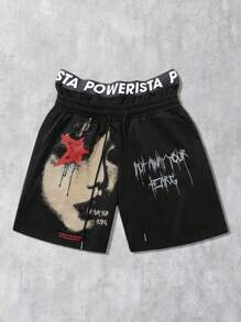 ROMWE MEN Street Life Shorts esportivos masculinos com estampa de estrela e rosto gótico, Halloween - Preto - Ver 1