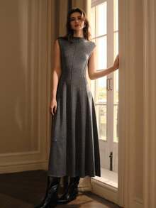 MOTF PREMIUM KNITTED SLEEVELESS RHINESTONE EMBELLISHED SWEATER DRESS - Grey - View 5