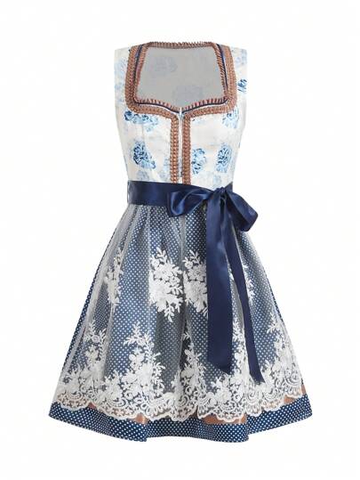 SHEIN Frenchy Vestido sin mangas con contraste de malla bordada vintage para mujer