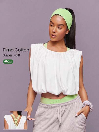 GLOWMODE Pima Cotton Take The Plunge Soft Stretchy Lightweight Waist Length Bubble Style Silhouette Plunging V-Back Sleeveless Muscle Crop Top Daily Casual Wear