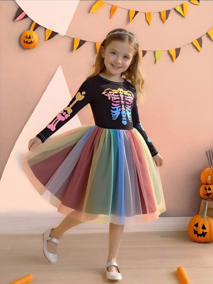 Glamorique Kids Robe d'Halloween à manches longues pour filles avec patchwork de squelette et maille colorée
