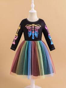 Glamorique Kids Robe d'Halloween à manches longues pour filles avec patchwork de squelette et maille colorée