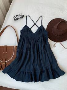 Comfortcana Vestido de tirantes corto de verano informal con estilo vacacional, de tela texturizada de unicolor, con volantes en el bajo y espalda cruzada