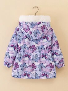 SHEIN Girls' Butterfly Print Fleece Collar Jacket, Waisted Slim Fit Casual Versatile Coat, Winter Girls Winter Coats Girls Butterfly Jacket Toddler Girl Winter Coat Kids Winter Jacket Baby Girl Winter Coat Fall - Purple - View 2