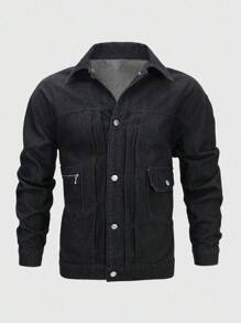 Manfinity Homme Men's Vintage Black Short Denim Jacket, American Style, Autumn/Spring - Black - View 1