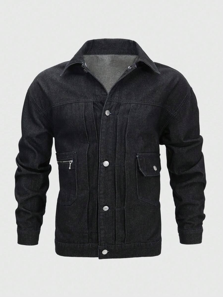 Manfinity Homme Men's Vintage Black Short Denim Jacket, American Style, Autumn/Spring - Black - View 1