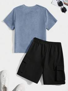 SHEIN Dusty Blue Tween Boys Round Neck Tee And Shorts Set For Everyday Casual Style - Dusty Blue - View 2