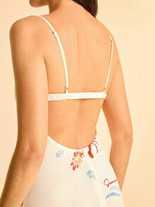 CAJUNI 女士海洋元素印花度假连衣裙，细肩带开叉腰露背设计，适合夏季度假