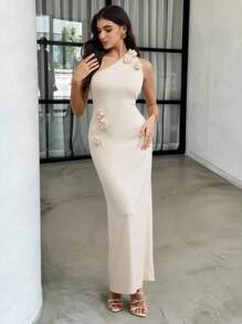 Modelyn Asymmetric Handmade 3D Floral Elegant Dress, Suitable For Party And Summer Occasions - Apricot - View 1