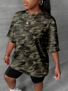 Slaydiva 2pcs/Set Plus Size Women Vacation Camouflage Print T-Shirt & Shorts Set Suitable For Going Out,Holiday Outfits For Women - Army Green - View 5