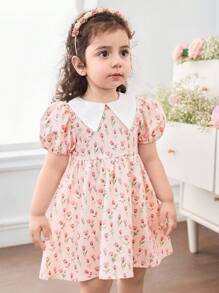 Vestido de manga corta con estampado de Peter Pan Collar Ditsy para niña bebé - Rosa - Ver 4