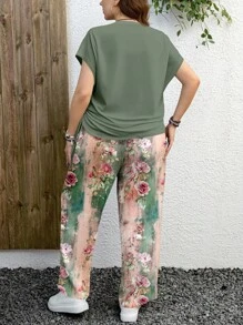 EMERY ROSE 2pcs/Set Plus Size Green Short Sleeve Top With Printed Pattern And Pants, Suitable For Summer Suitable For Going Out - Green - View 2