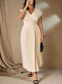 Roveilla 大码女式优雅简约 V 领褶皱宽松休闲度假办公室商务及踝长连衣裙，纯色落肩 - 杏色 - 查看 3