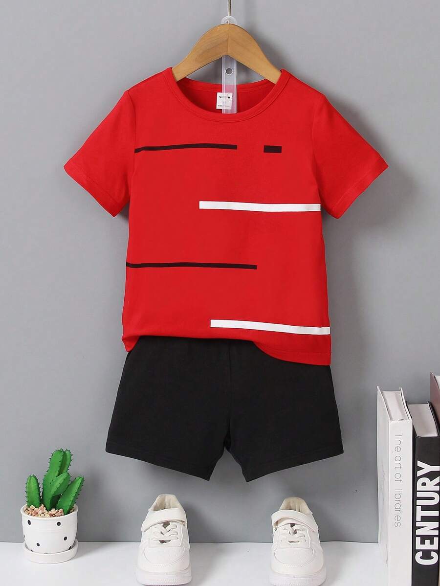 SHEIN Chàng trai trẻ Sọc Vòng cổ Ngắn tay Áo thun Và Bộ quần short - Đỏ - Xem 1