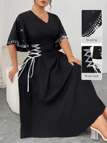Modelyn Vestido plus size feminino de malha gradiente com decote em V e amarração lateral, corte A, adequado para passeios e encontros no outono - Preto - Ver 3