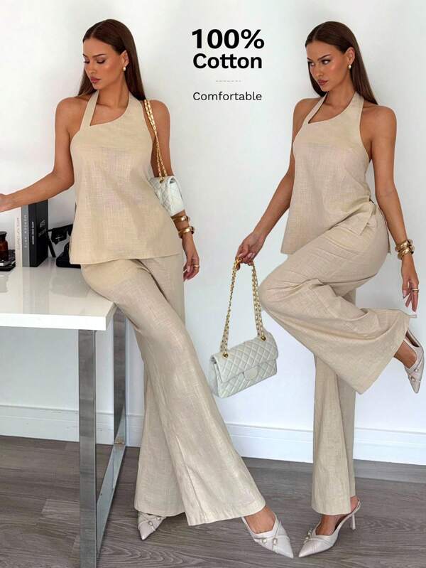 Siren Gaze 100% Cotton Women's Two-Piece Asymmetrical Camisole Top And Casual Pants Set, Cotton Fabric,Teacher Outfits For Women,Fall Women Clothes,Business Casual Woman