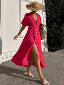 EURMUSE Vestido largo con cuello redondo, mangas con volantes y botones, con cinturón de concha - Rosa Fucsia - Ver 4