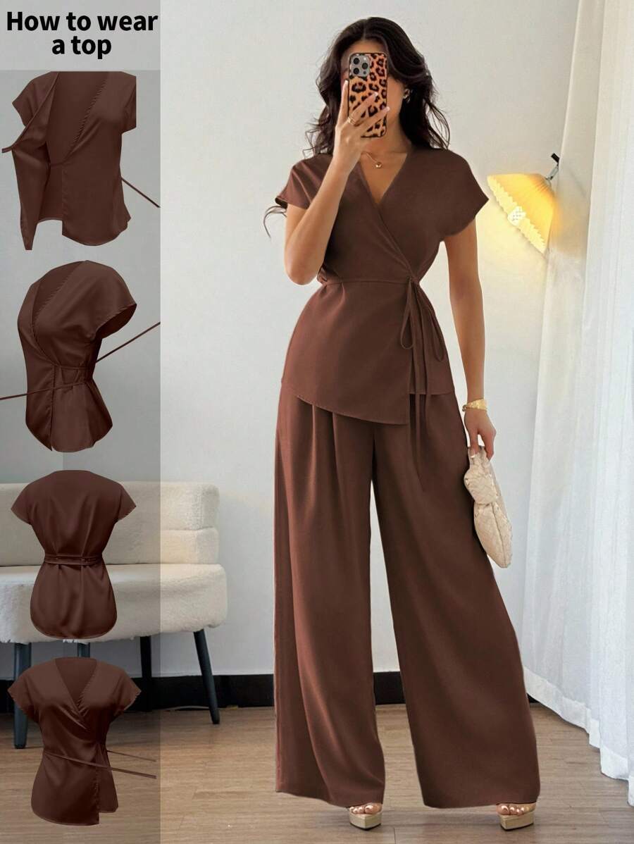 Elenzga 女士优雅裹身蝙蝠袖衬衫和宽松阔腿裤两件套，杏色编织，适合夏季外出、约会、度假 - 咖啡棕 - 查看 1