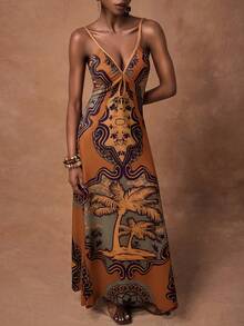 Zivah 春夏新品 音乐节、复活节、西部风、游牧风、生日派对、毕业典礼、学生装、日常休闲、基础百搭、休闲、邮轮旅行、海滩、日光浴、时尚、极简休闲、街头风、V 领水滴印花长裙、棕色大地色调 - 棕色 - 查看 4