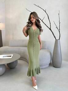 Jemour Button Front Ruffle Hem Sweater Dress - Green - View 1