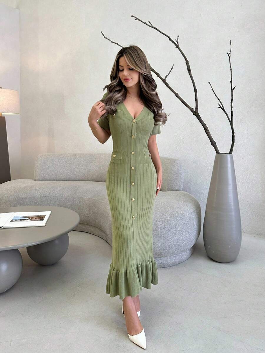Jemour Button Front Ruffle Hem Sweater Dress - Green - View 1