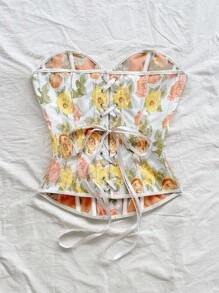 Soleia 女士复古宫廷风格彩色花卉提花印花抹胸短款上衣，配有纽扣和后系带 - 彩色 - 查看 2