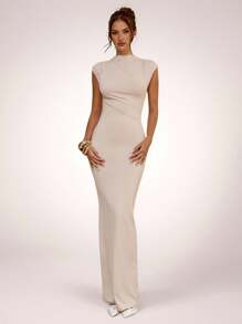 SHEIN BAE Apricot Asymmetric Ruched Bodycon Dress, Elegant Basic Minimalist Long Dress, Spring/Summer,Fall Wedding Guest Dress
