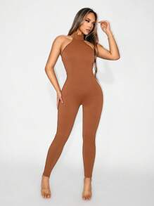 SHEIN Unity Women's Solid Color Stand Collar Sleeveless Fitted Jumpsuit, Summer Striped Design - Khaki - View 6