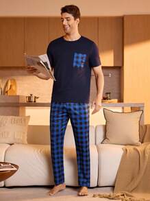 Manfinity Underwear&Sleepwear Basics Men's Casual Plaid Pocket Short Sleeve Top And Pants Pajama Set - Navy Blue - View 5