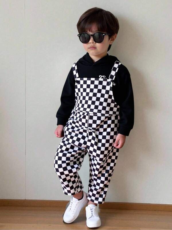 2pcs Set Young Boy Casual Sports Style Cool Letter Loose Drop Shoulder Knit Hooded Sweatshirt + Checkerboard Printed Knit Bib Pants Suspender Trousers Two Pieces Outfit, Suitable For Autumn/Winter Wear At Home, Outdoor And School Young Boys Suit Set Young Boys Clothing 4t Boys Clothes Set