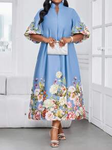 SHEIN Lady CURVE 春夏优雅通勤办公休闲波西米亚风休闲外出蓝色印花编织缎面V领舞会礼服主教袖A字连衣裙束腰连衣裙中长袖加大码连衣裙优雅女装优雅服装女士夏季服装女士夏季连衣裙白色连衣裙优雅优雅白色连衣裙，女士正式连衣裙 - 藍色 - 查看 4