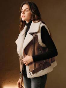 Anewsta 女式秋冬仿羊毛绒和麂皮拼布翻领背心夹克 - 摩卡棕 - 查看 5