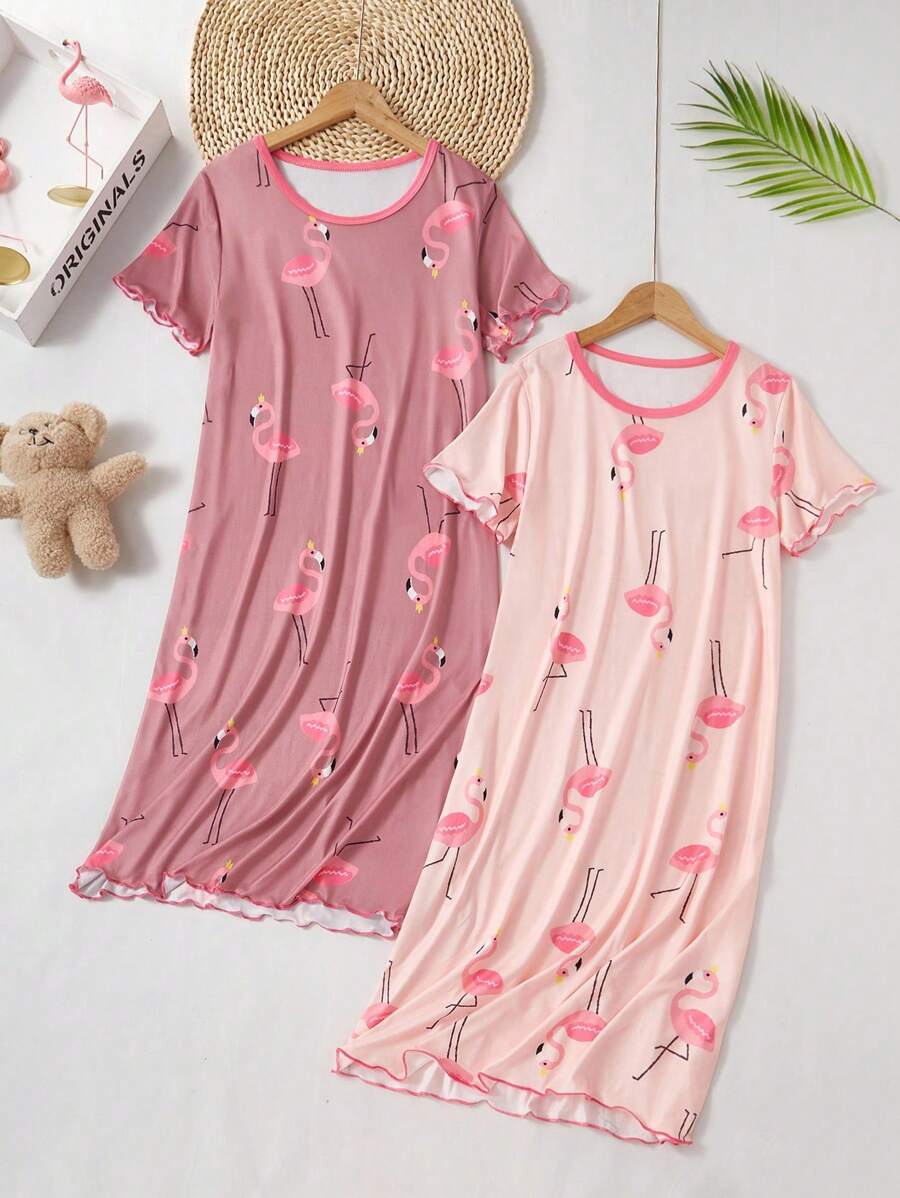 2pcs Teen Girls Flamingo Printed Comfortable Casual Nightgown, Minimalist Design For Easy Matching, Stretchy Knit Fabric, Machine Washable - Multicolor - View 1