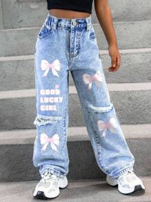 SHEIN Explorewe Young Girl New Y2K Style Denim Jeans   New Fashionable High-Quality Distressed Washed Denim Straight Leg Jeans - Light Wash - View 7