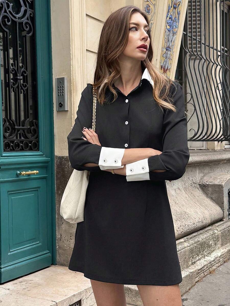 SHEIN Unity Casual & Work Color Block A-Line Dress Casual Outfits Spring Clothes For University Fall Cloth For Women - Black - View 1
